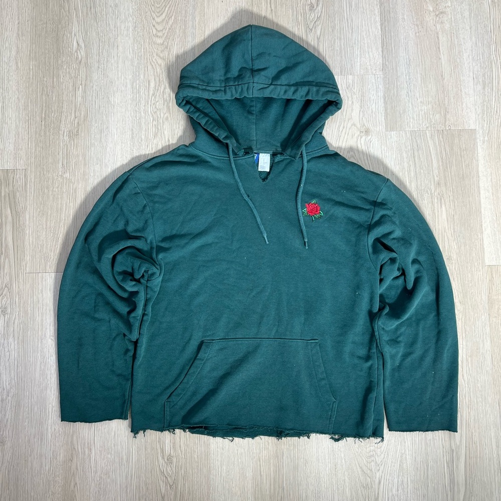 Men's Green Hoodie with Embroidered Rose
